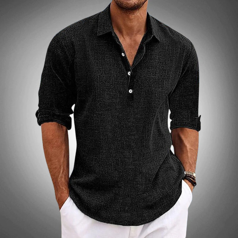 mens half-button linen shirt | open collar casual summer top - back view