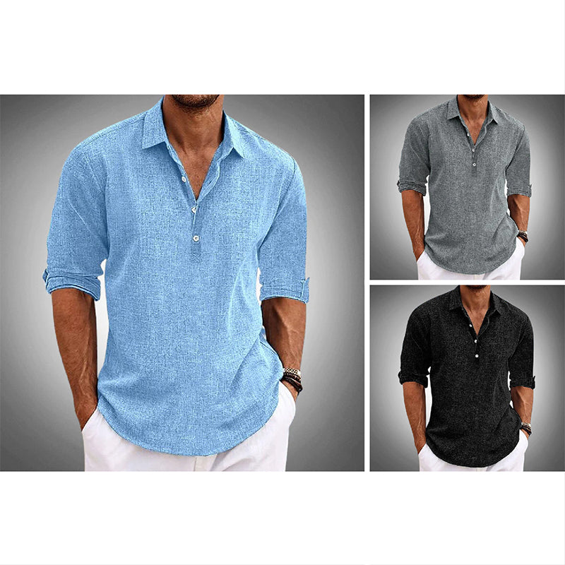 mens half-button linen shirt | open collar casual summer top - detail view
