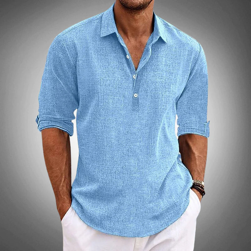 mens half-button linen shirt | open collar casual summer top - front view
