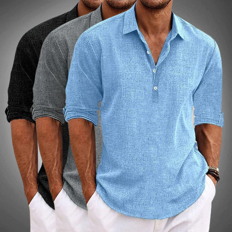 mens half-button linen shirt | open collar casual summer top - full view