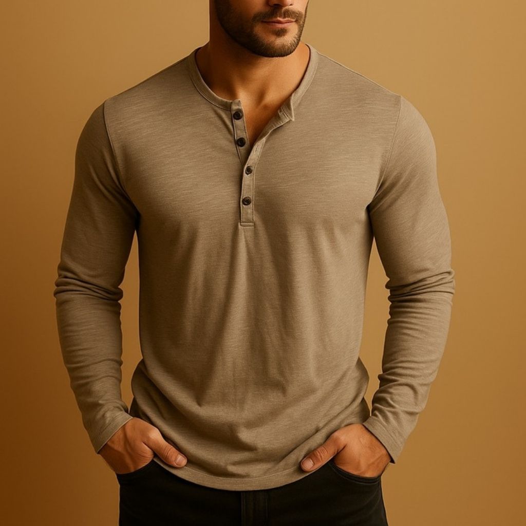 mens henley shirt long sleeve | casual button placket comfort top - detail view