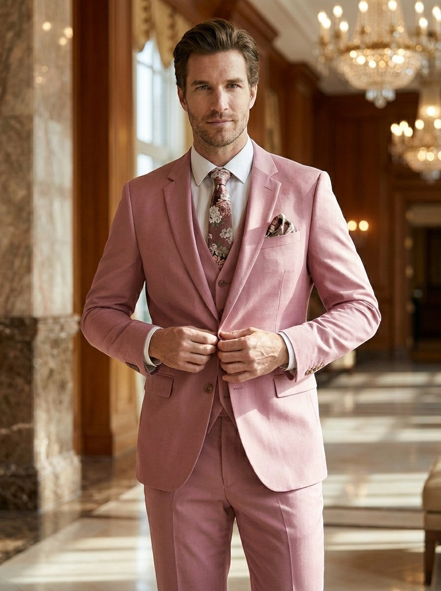 Men's lightweight fabric 3-piece slim-fit suit, front view