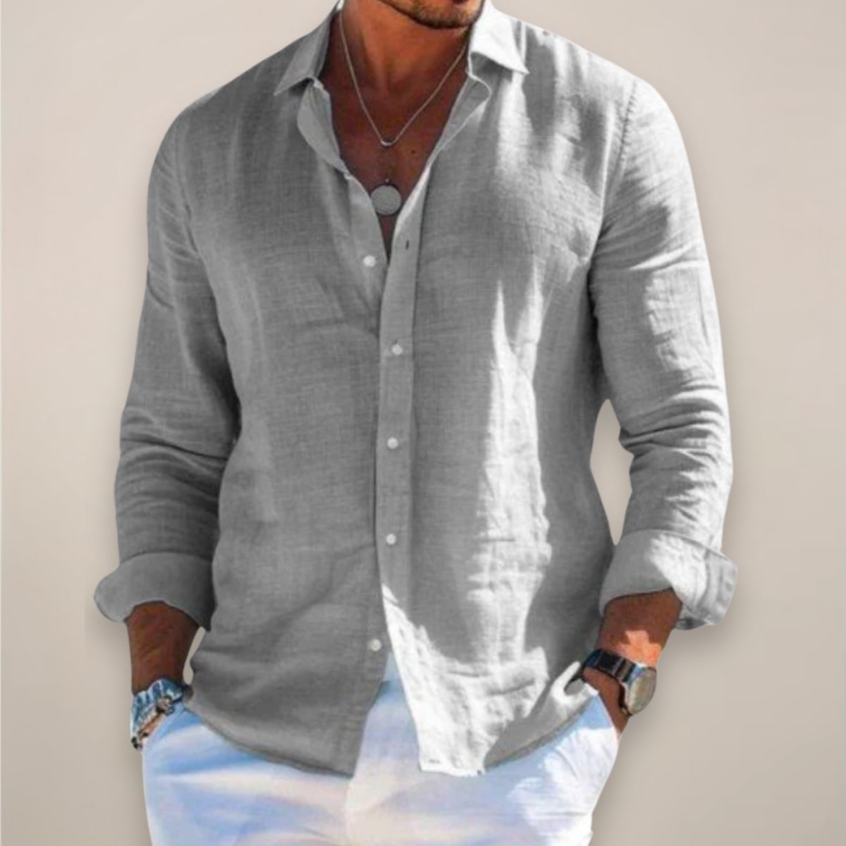 Men's linen long sleeve button-up shirt - front view