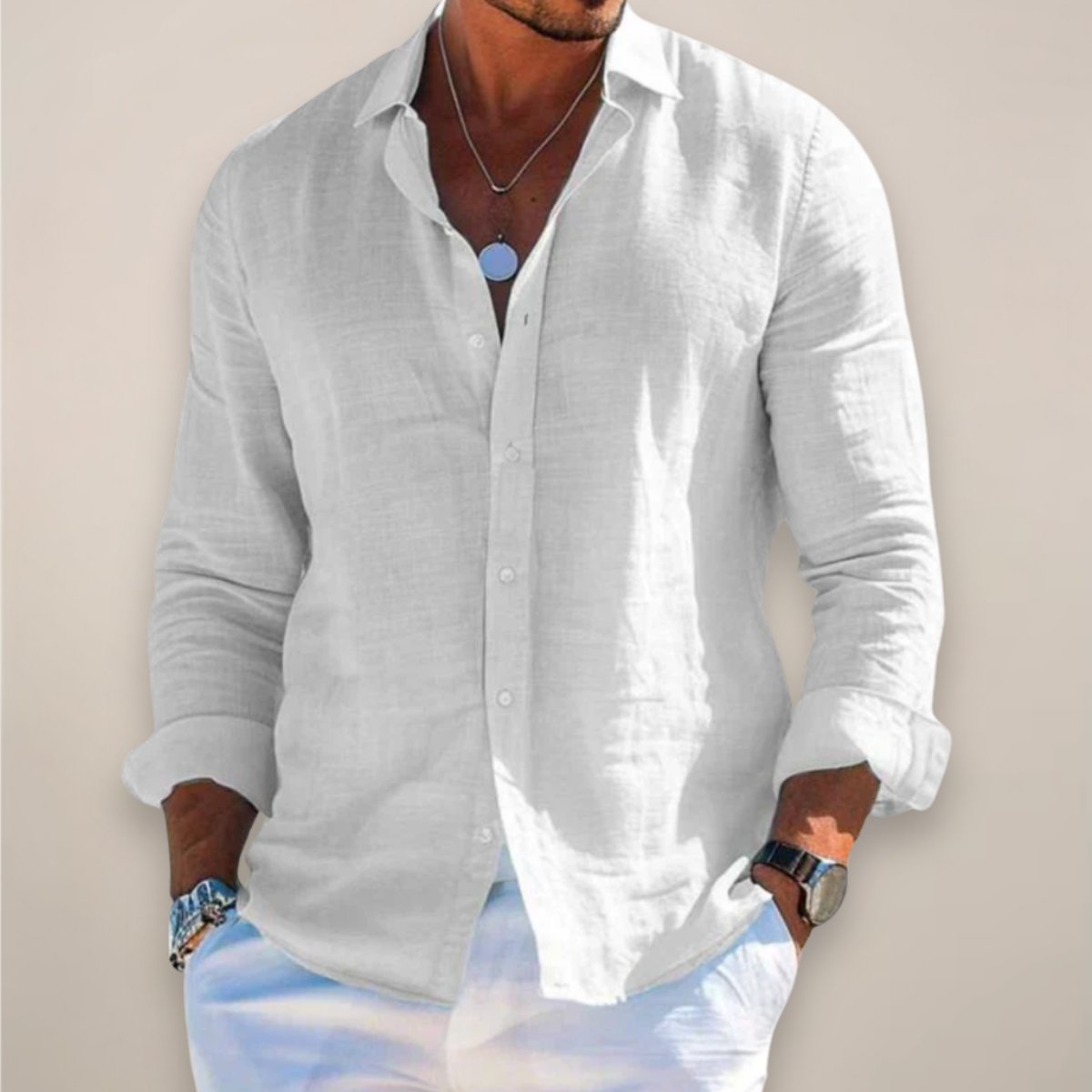 Men's linen long sleeve button-up shirt - side view