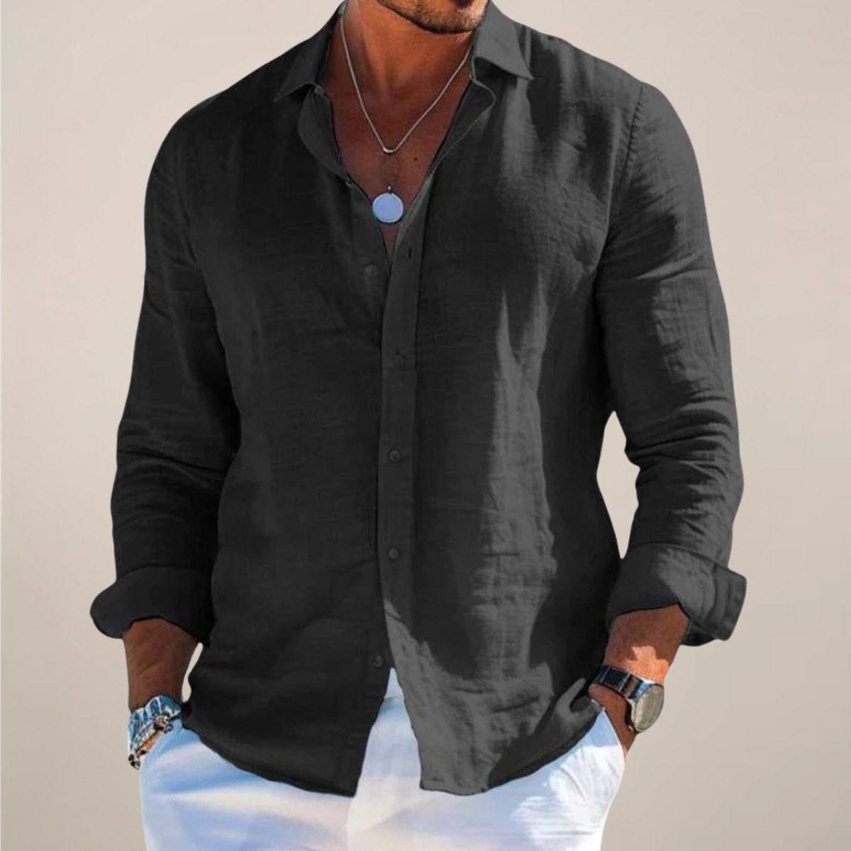 Men's linen long sleeve button-up shirt - collar detail