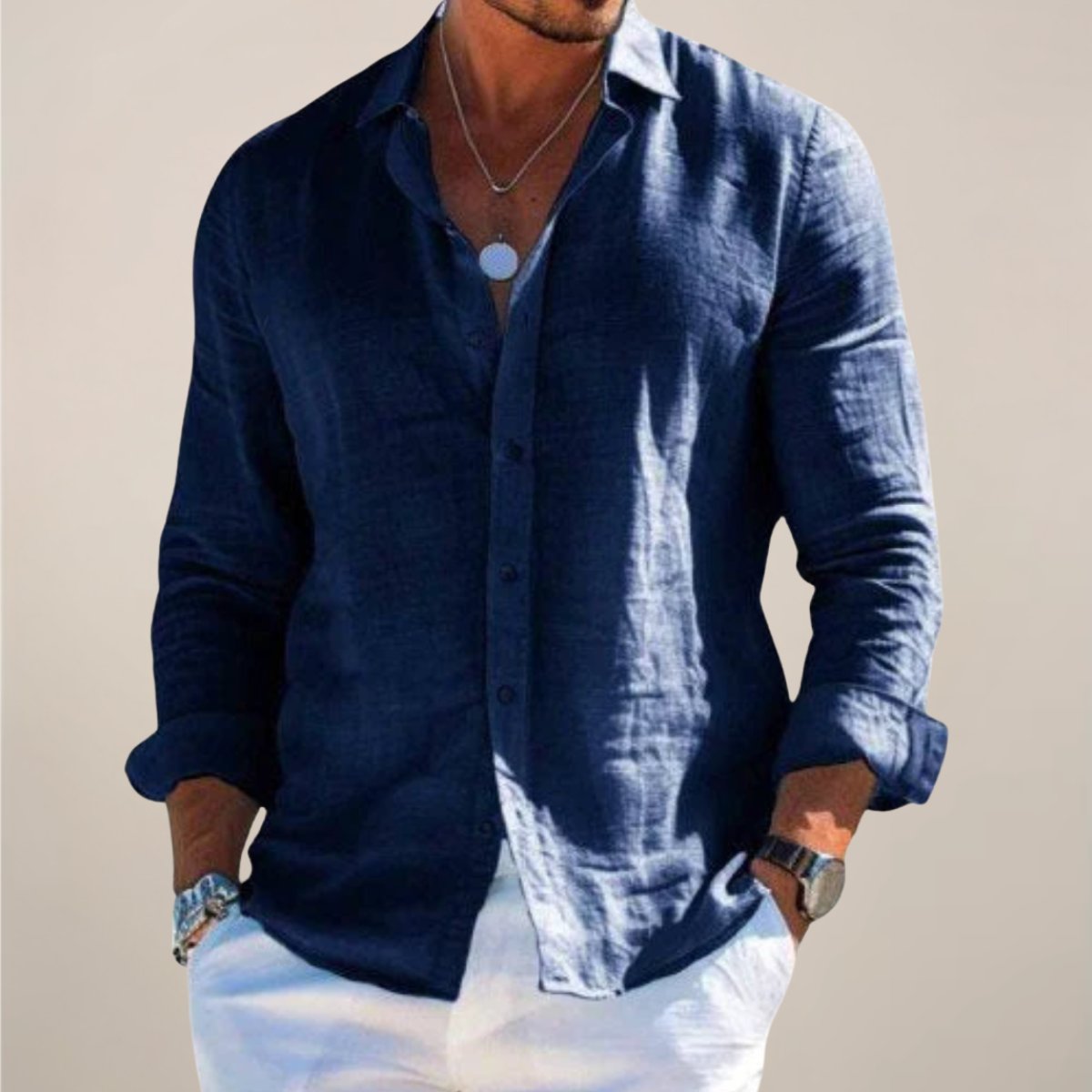 Men's linen long sleeve button-up shirt - full view