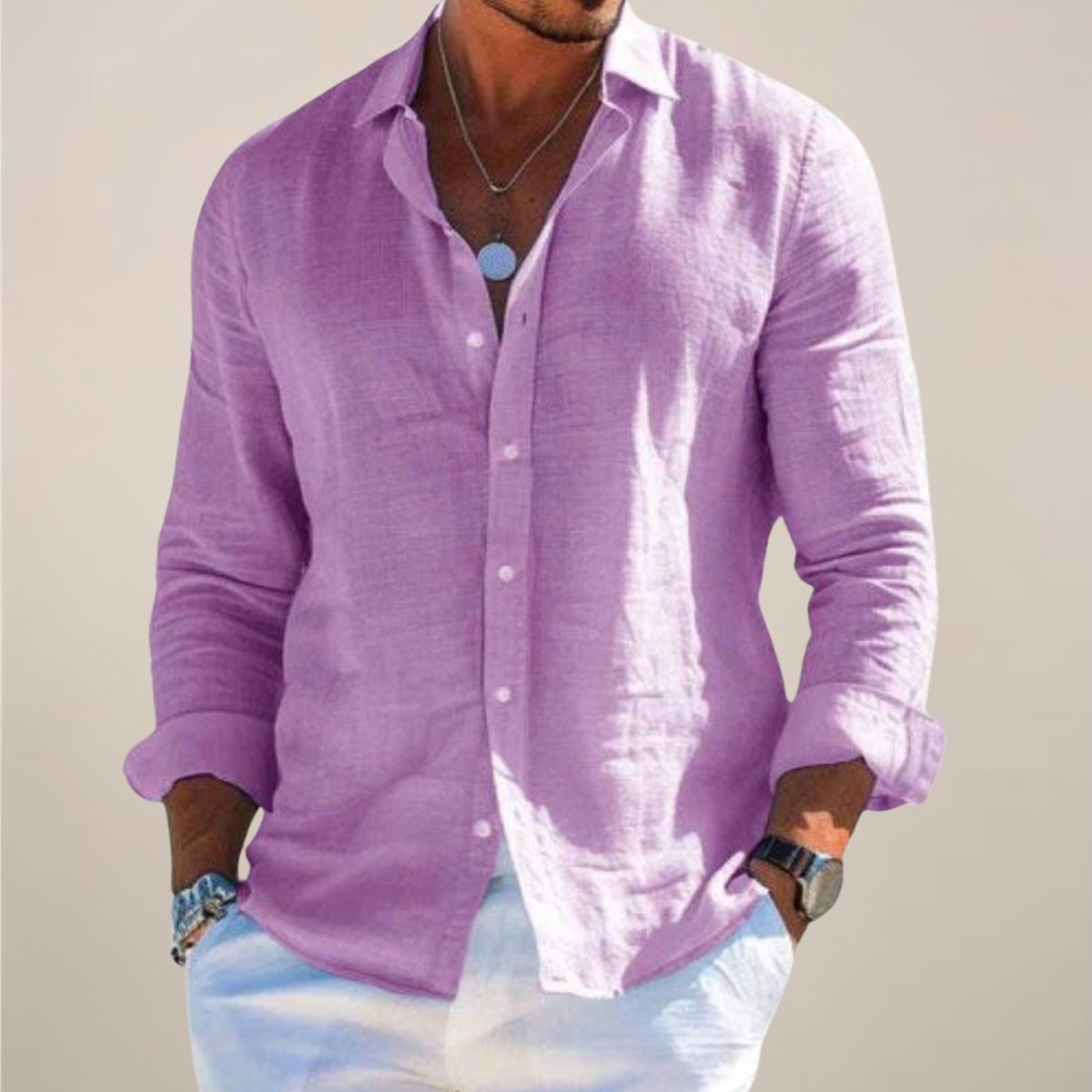 Men's linen long sleeve button-up shirt - lifestyle view