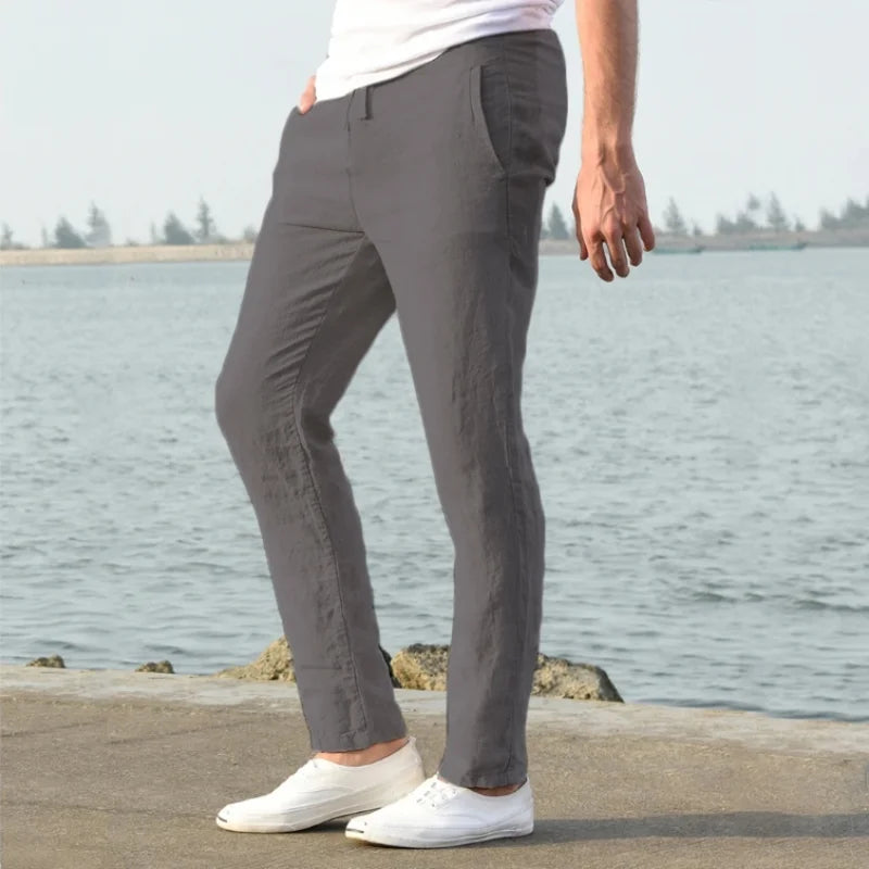 mens relaxed fit linen trousers | breathable casual summer pants - close-up view