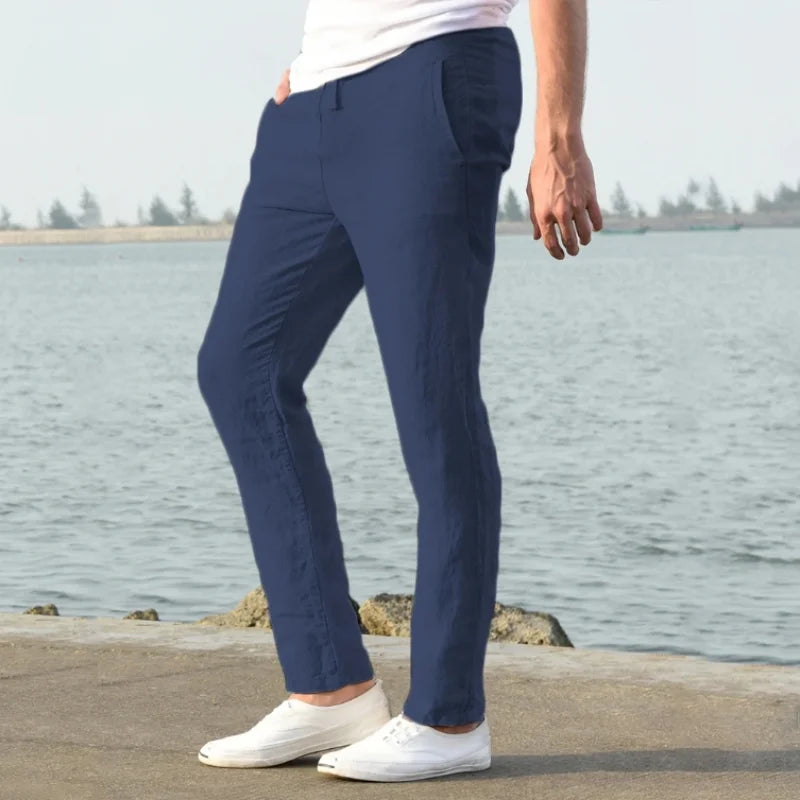 mens relaxed fit linen trousers | breathable casual summer pants - detail view