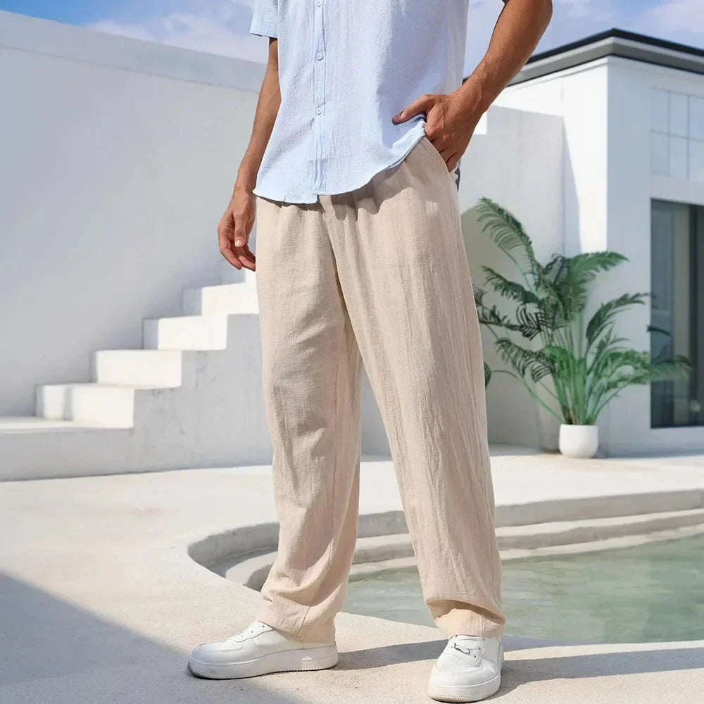 mens relaxed fit linen trousers | breathable casual summer pants - front view