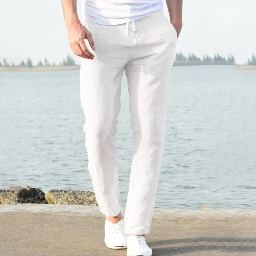 mens relaxed fit linen trousers | breathable casual summer pants - full view