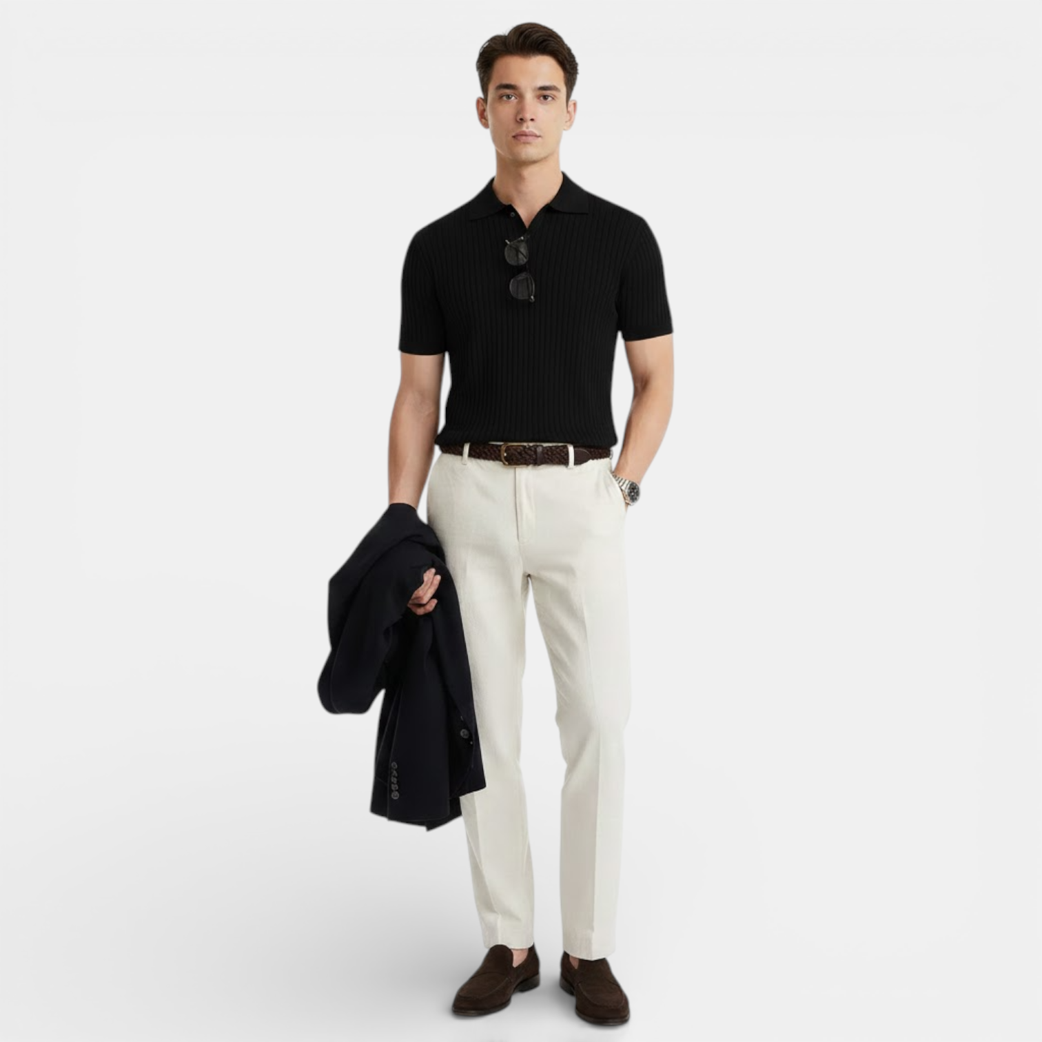 mens ribbed polo shirt | elegant casual summer essential - lifestyle view