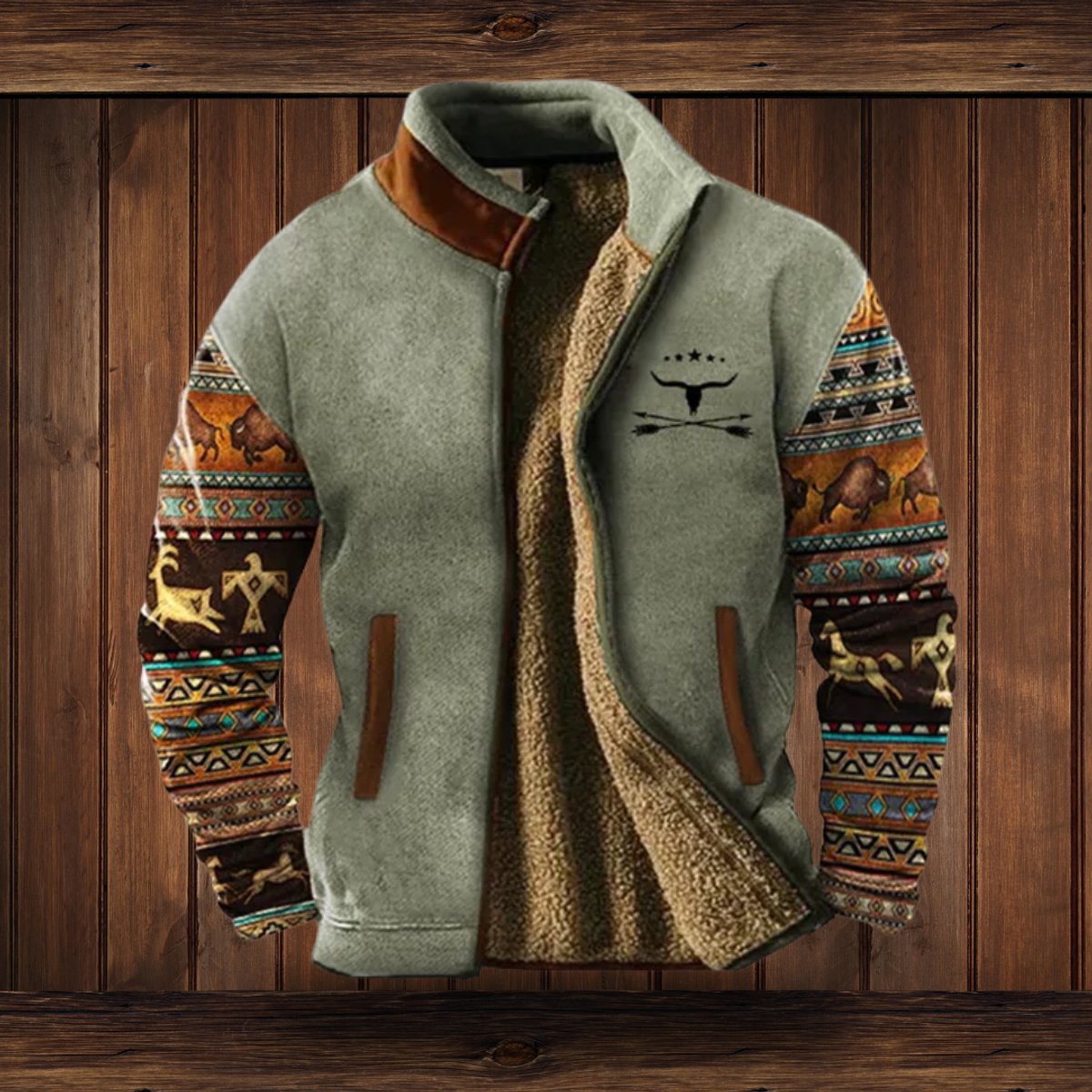 Men's Sherpa-Lined Fleece Full-Zip Jacket | Southwestern Print Sleeves - photo 10