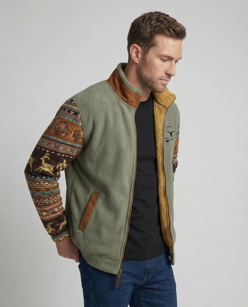 Men's Sherpa-Lined Fleece Full-Zip Jacket | Southwestern Print Sleeves - photo 2