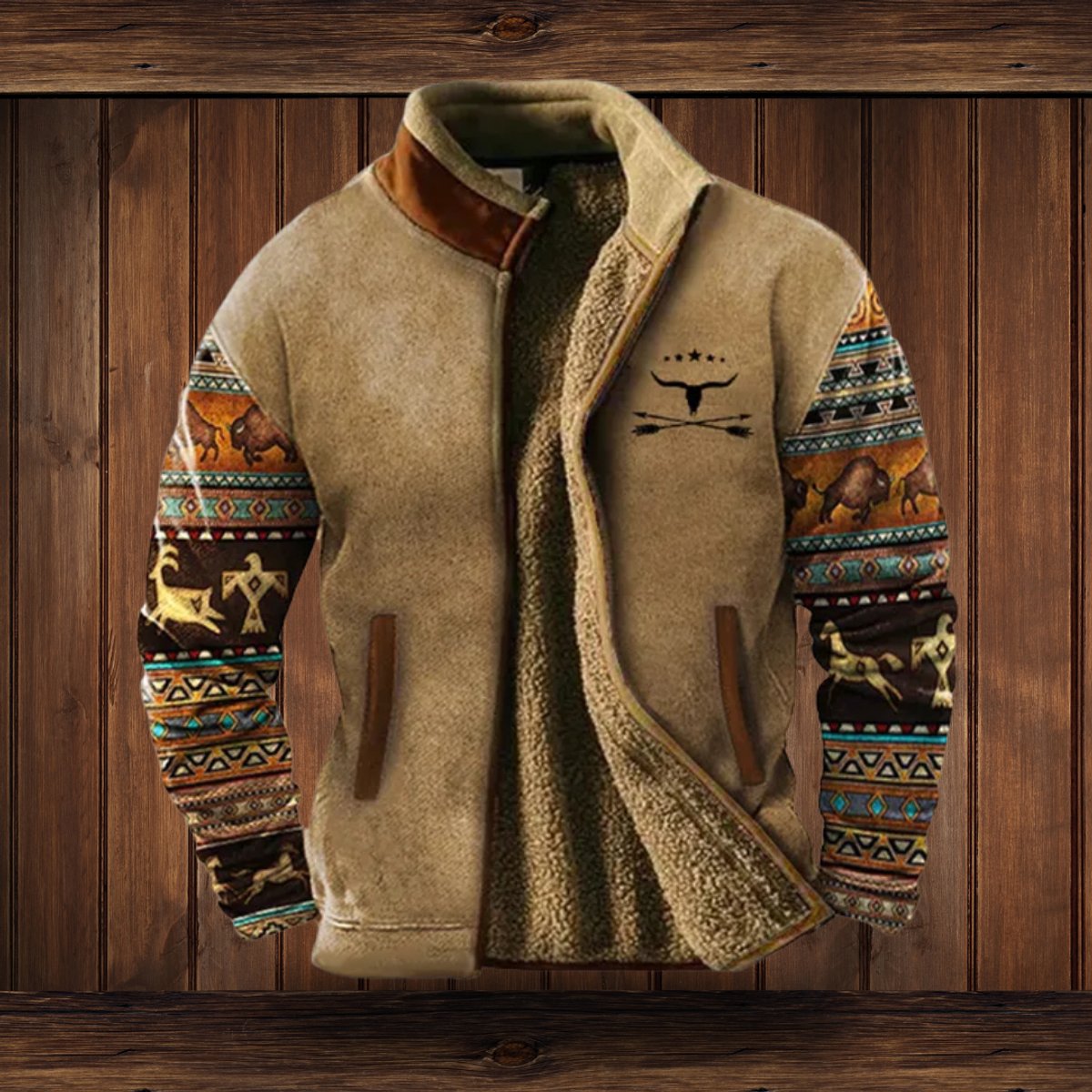 Men's Sherpa-Lined Fleece Full-Zip Jacket | Southwestern Print Sleeves - photo 5