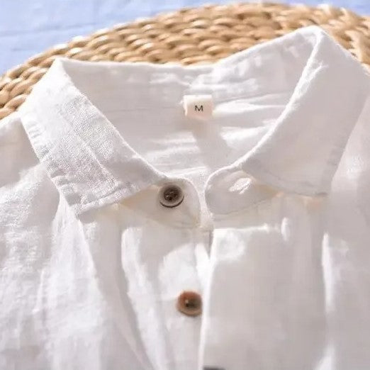 mens short sleeve linen shirt | casual summer button-up - worn view