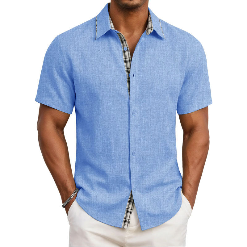 men's short sleeve shirt with plaid trim - front view