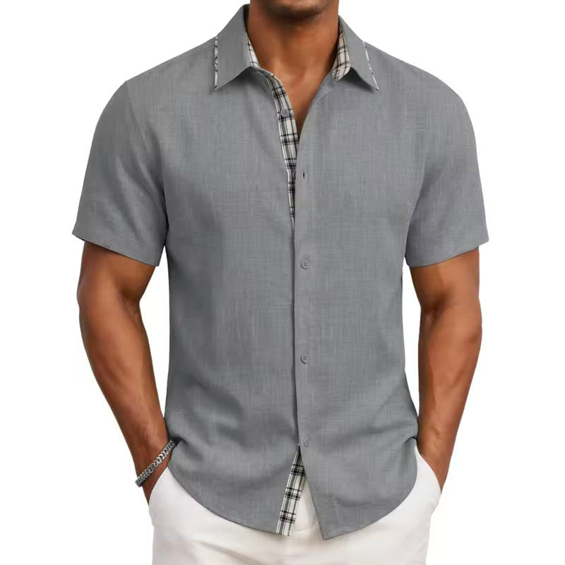 men's short sleeve shirt with plaid trim - side view