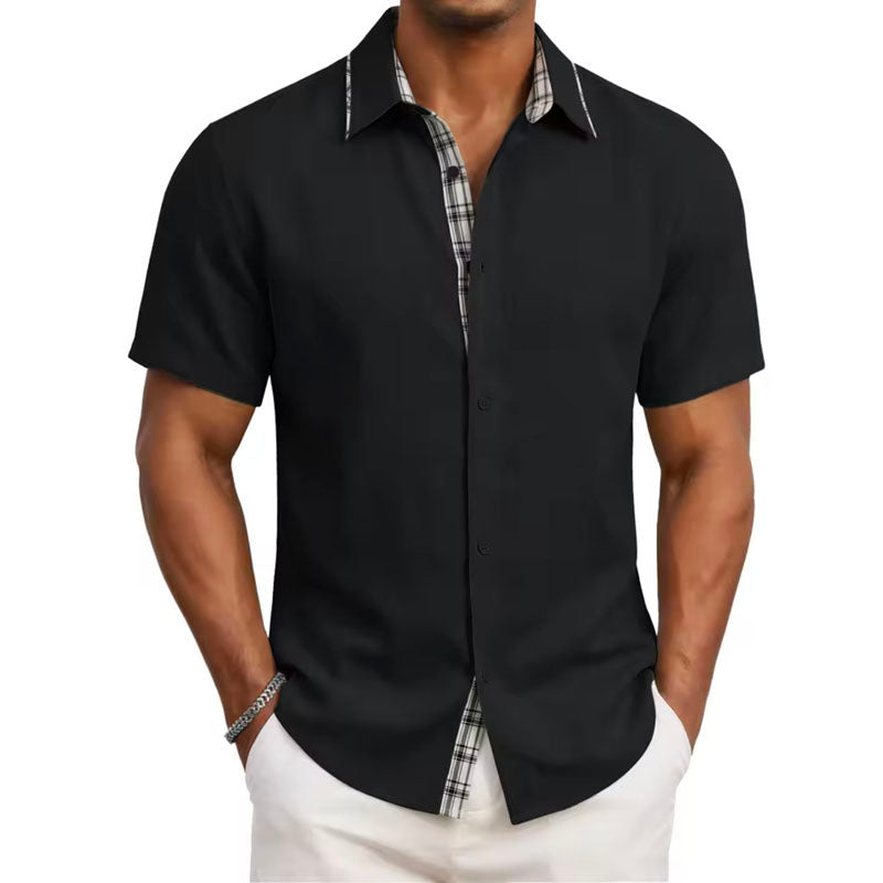 men's short sleeve shirt with plaid trim - detail view