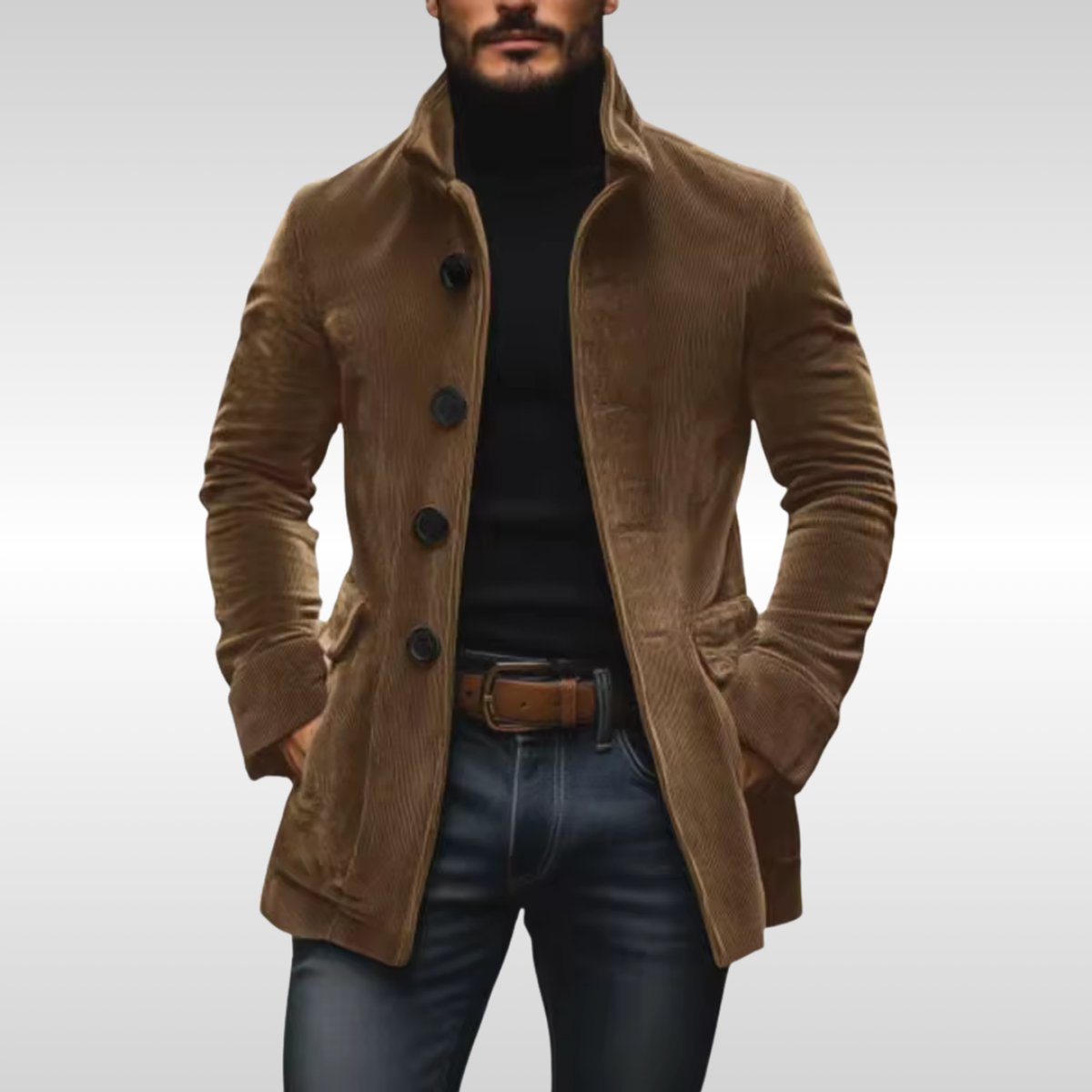 Men's Slim-Fit Corduroy Stand-Collar Wool Coat - photo 3