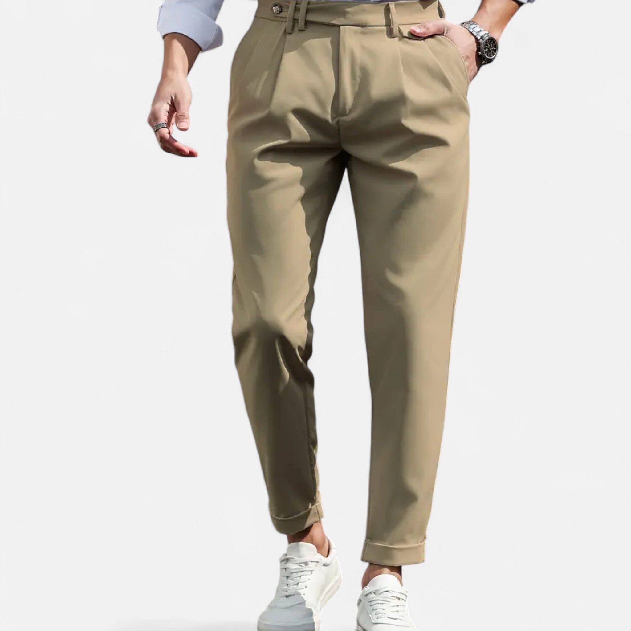 mens slim fit pleated suit trousers | formal dress pants - side view