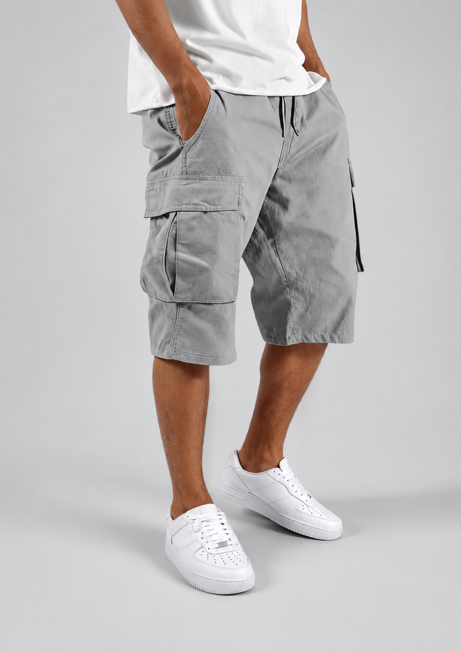 Men's Solid Color Cargo Shorts | Loose Fit with Drawstring Waist - photo 3