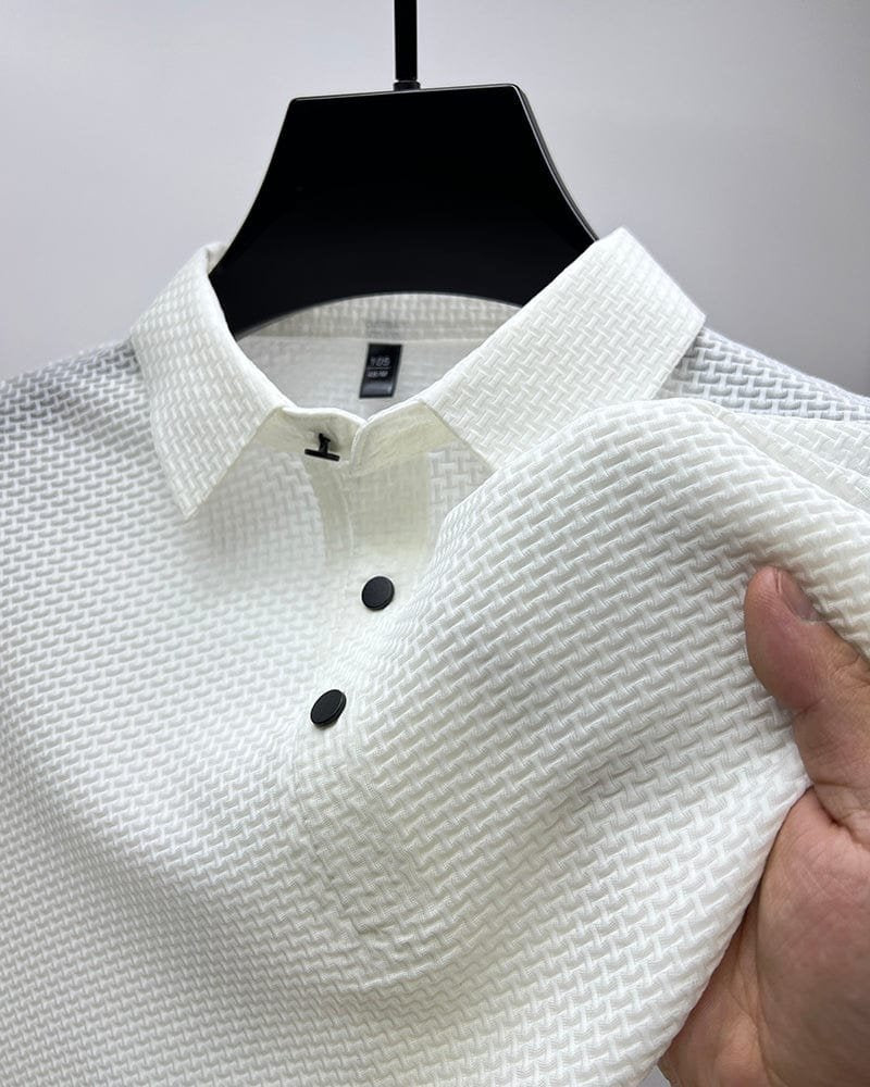 men's button placket textured knit polo shirt - worn view