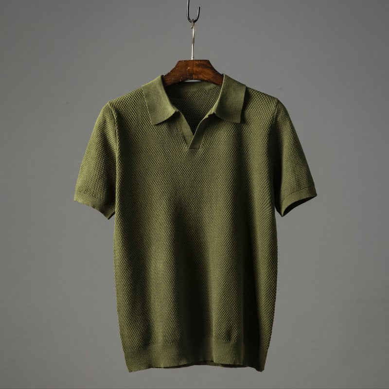 men's geometric pattern textured knit polo shirt - front view