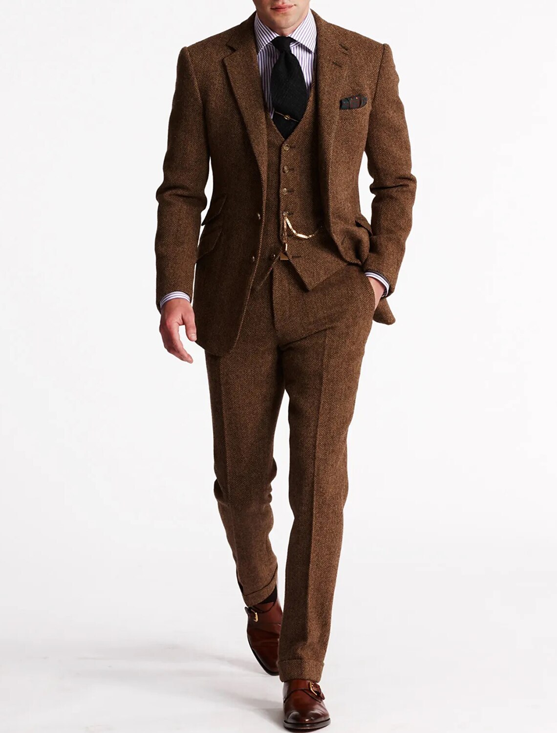 Men's Tweed Herringbone 3-Piece Suit | Slim Fit Notch Lapel Wedding