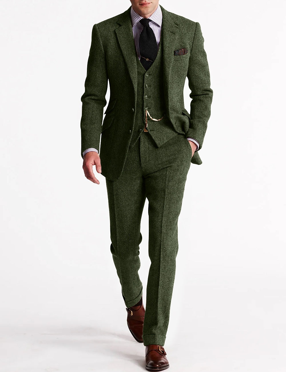 Men's Tweed Herringbone 3-Piece Suit | Slim Fit Notch Lapel Wedding