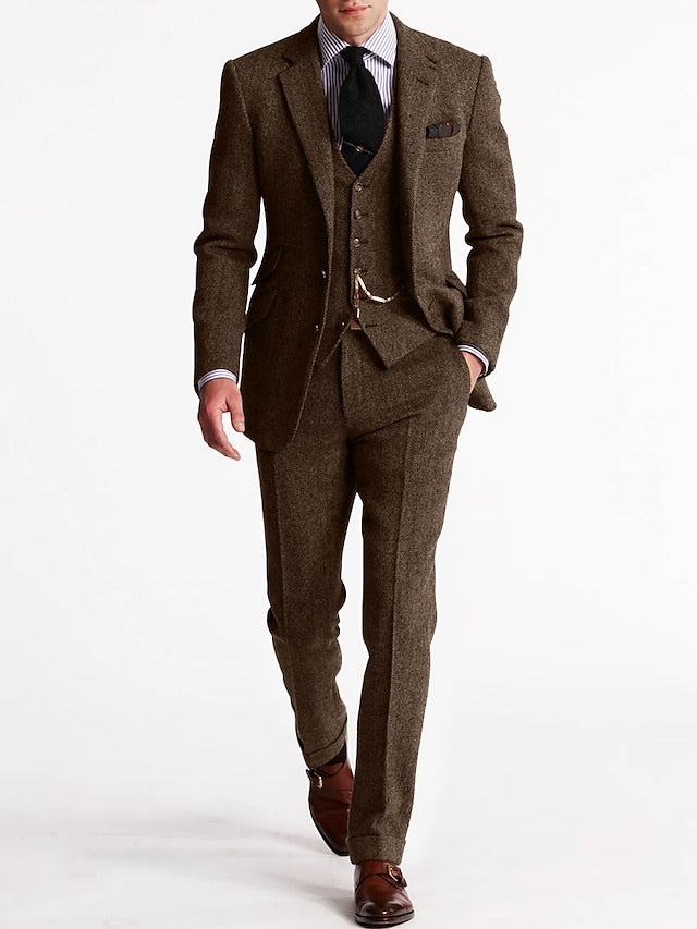 Men's Tweed Herringbone 3-Piece Suit | Slim Fit Notch Lapel Wedding
