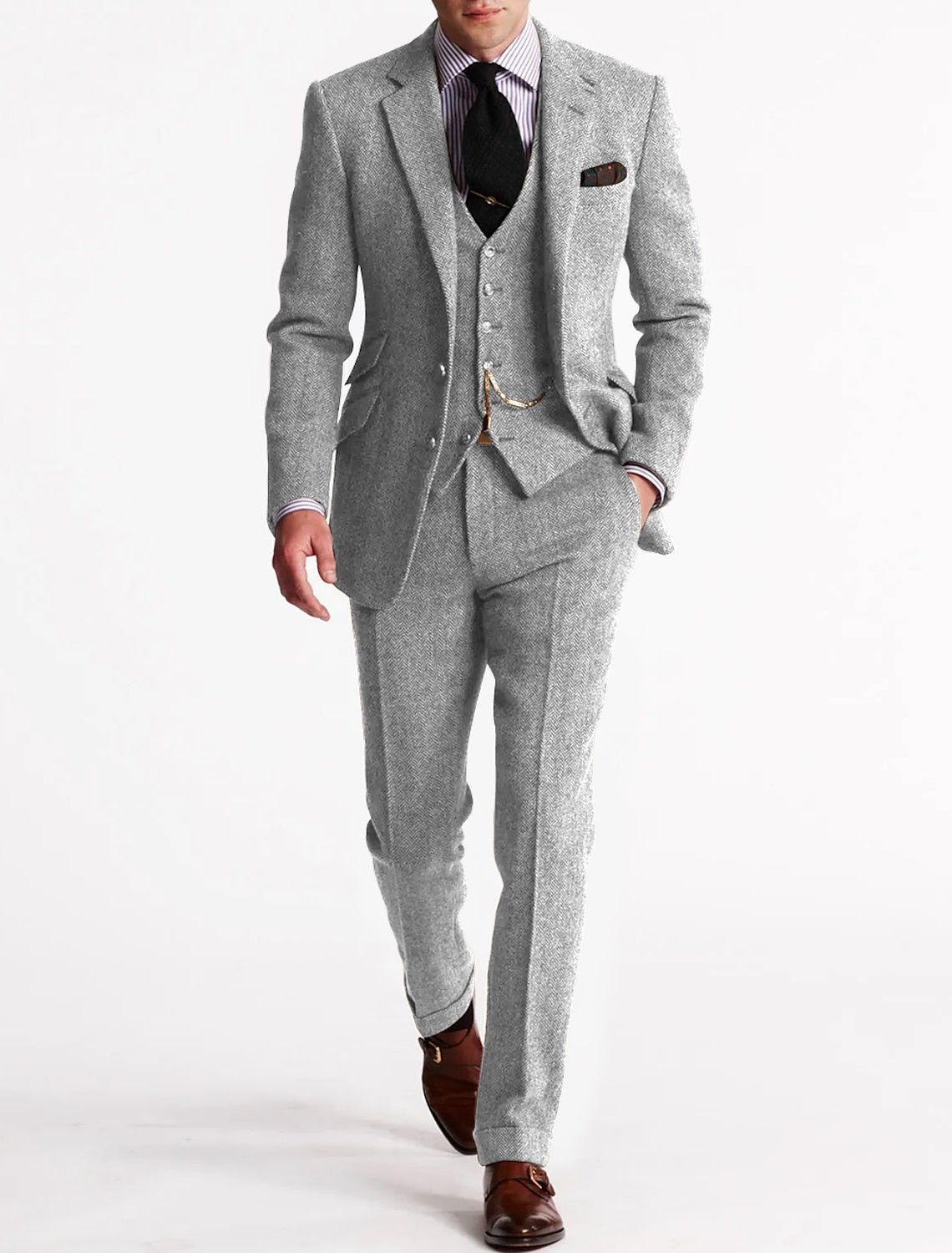 Men's Tweed Herringbone 3-Piece Suit | Slim Fit Notch Lapel Wedding
