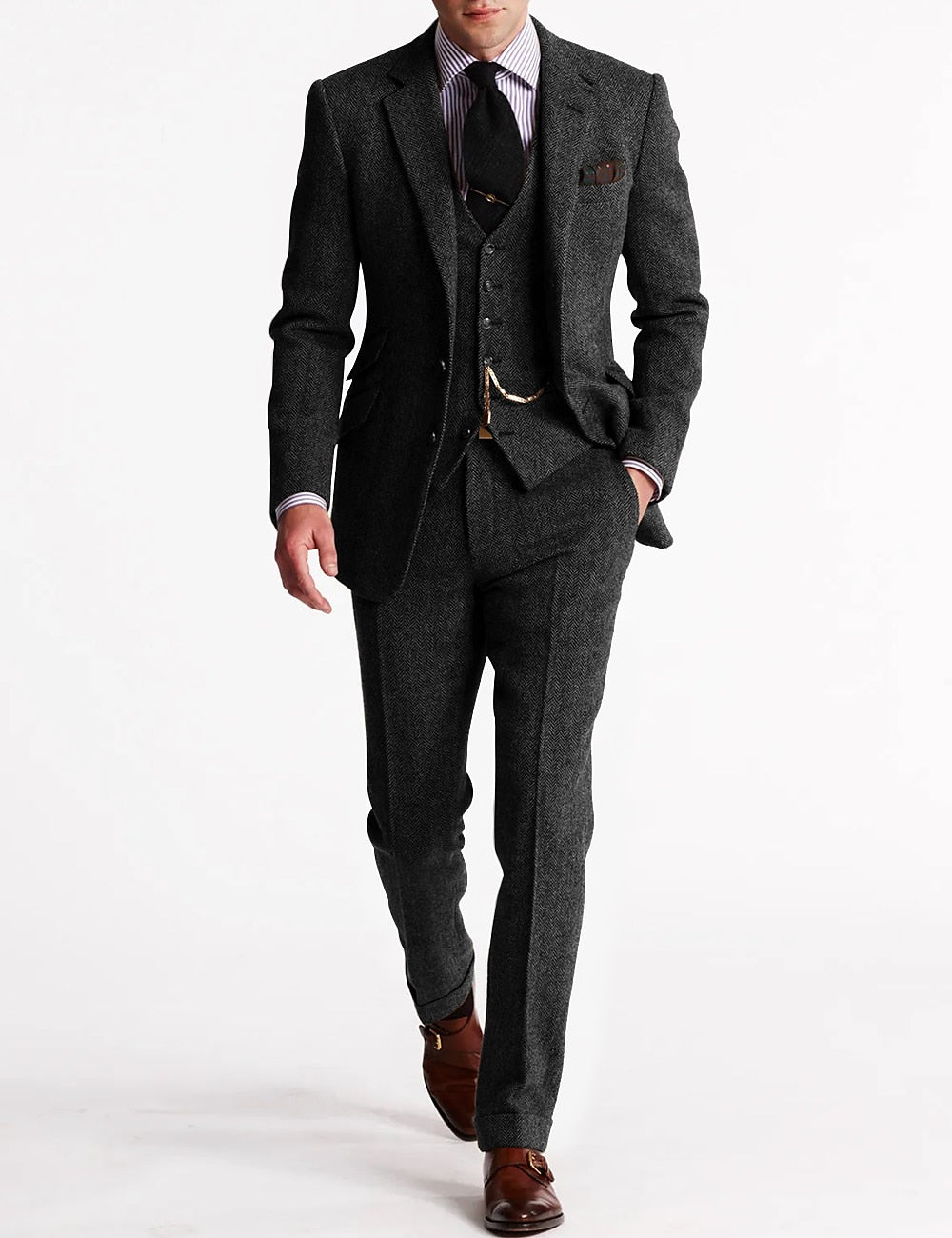 Men's Tweed Herringbone 3-Piece Suit | Slim Fit Notch Lapel Wedding