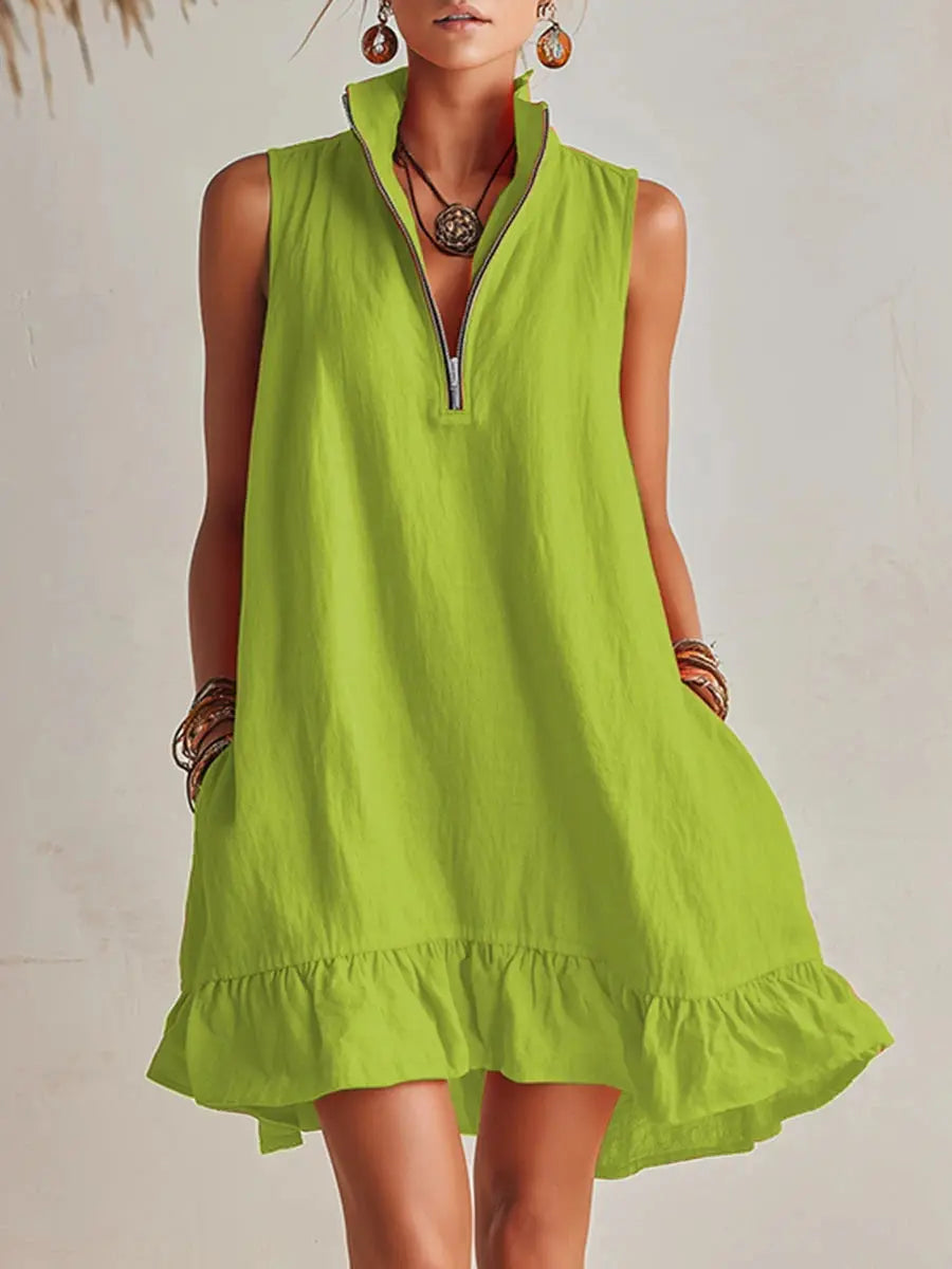 Women's Orange Cotton Mini Dress with Pockets | Stand Collar Half-Zip