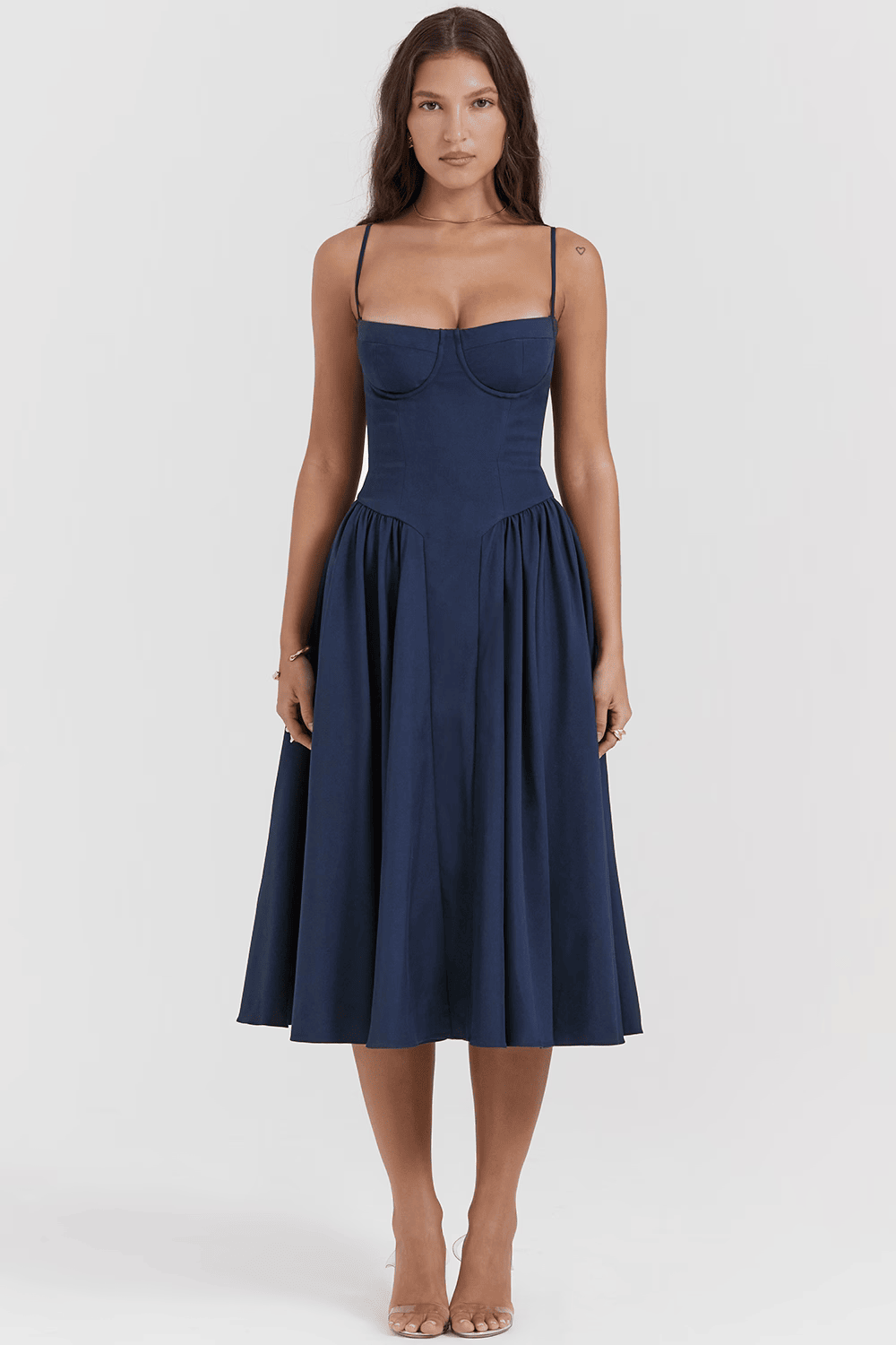 Women's Navy Sweetheart Neck Spaghetti Strap Corset Bodice Flared Midi Dress