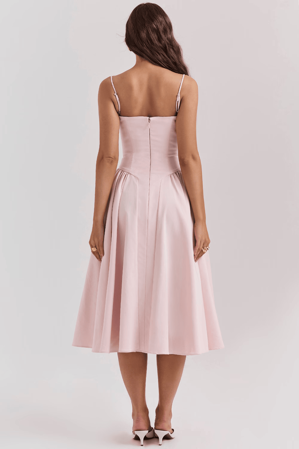 Women's Navy Sweetheart Neck Spaghetti Strap Corset Bodice Flared Midi Dress