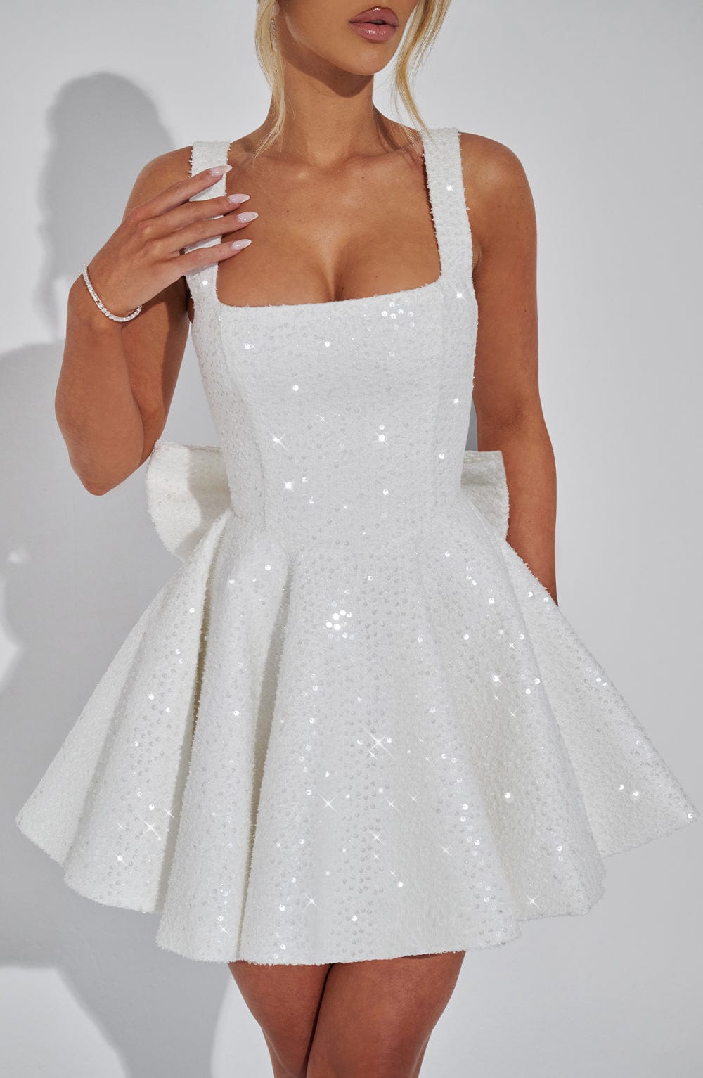Women's Sequin Sweetheart Neck Wide Strap Bow Back Flared Mini Dress Party
