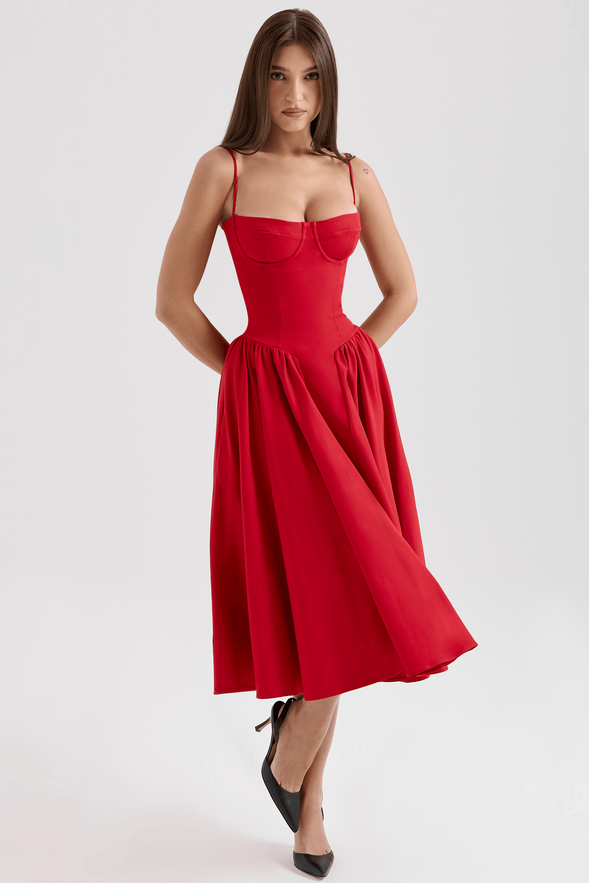 Women's Navy Sweetheart Neck Spaghetti Strap Corset Bodice Flared Midi Dress