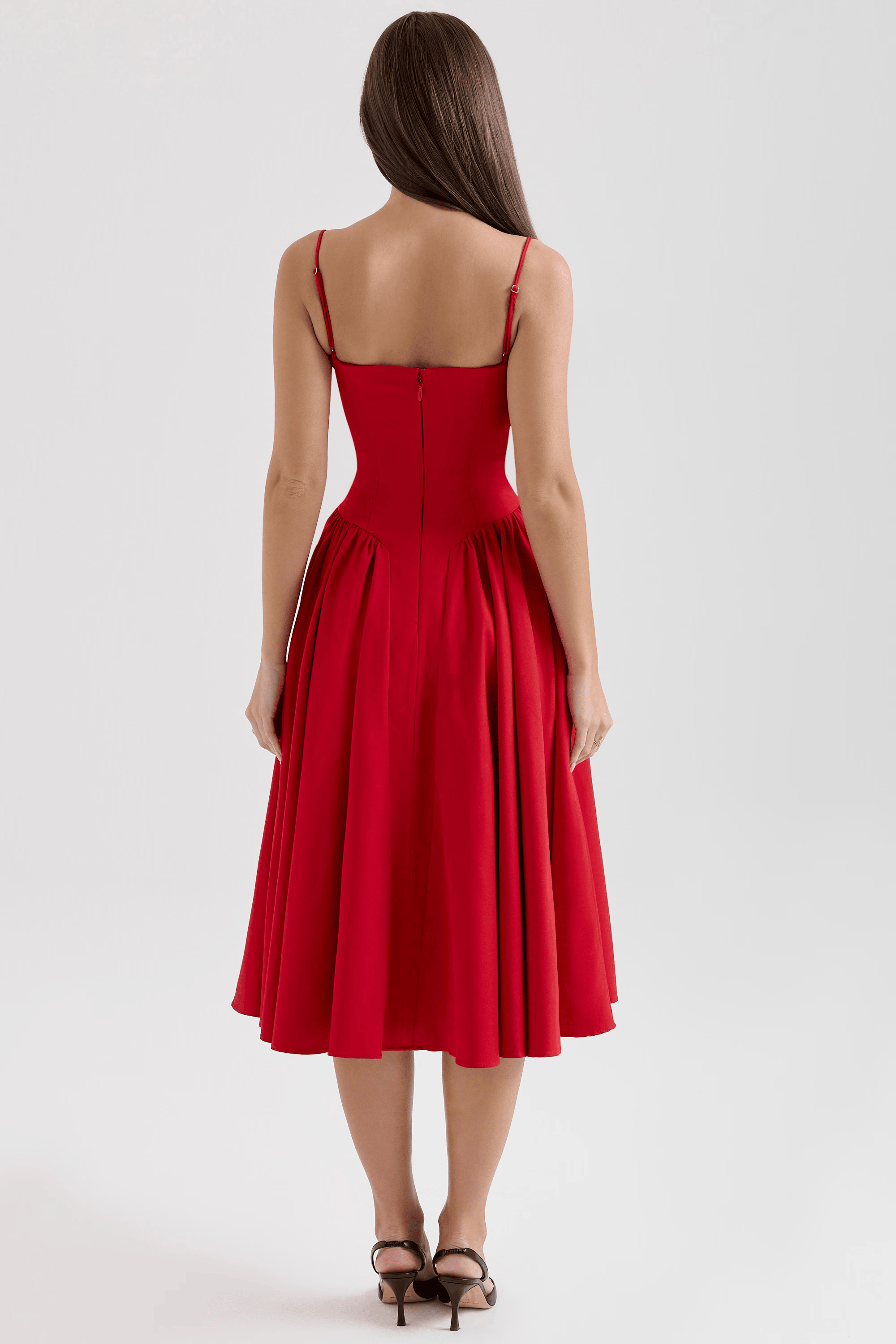 Women's Navy Sweetheart Neck Spaghetti Strap Corset Bodice Flared Midi Dress