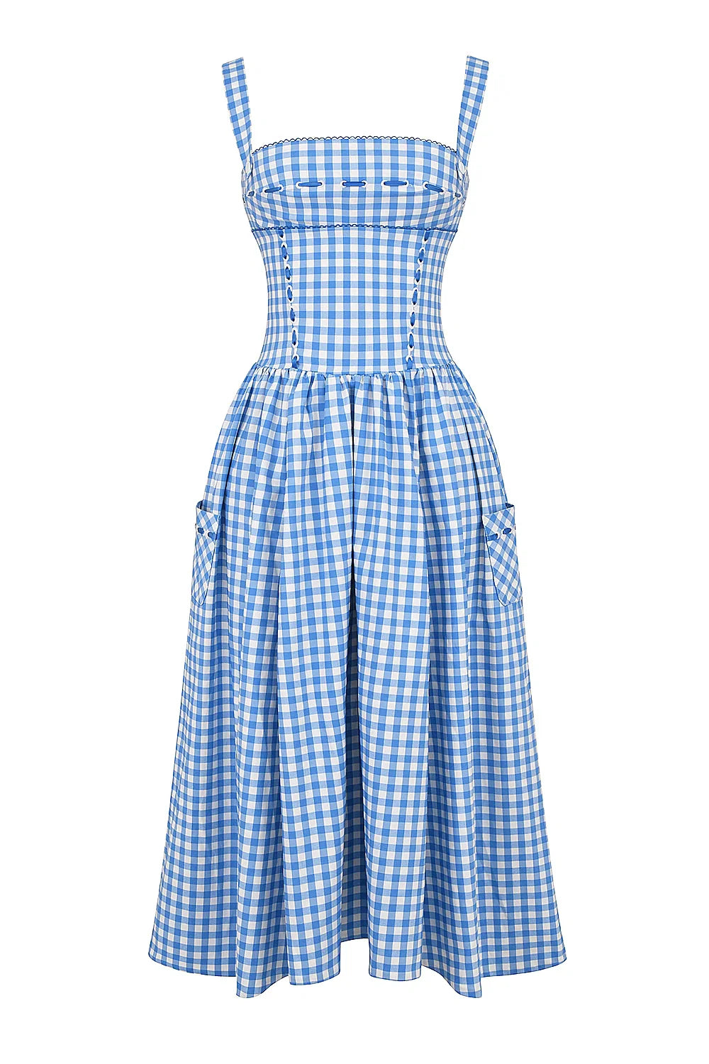 Women's Gingham Sweetheart Neck Smocked Bodice Flared Midi Dress with Pockets