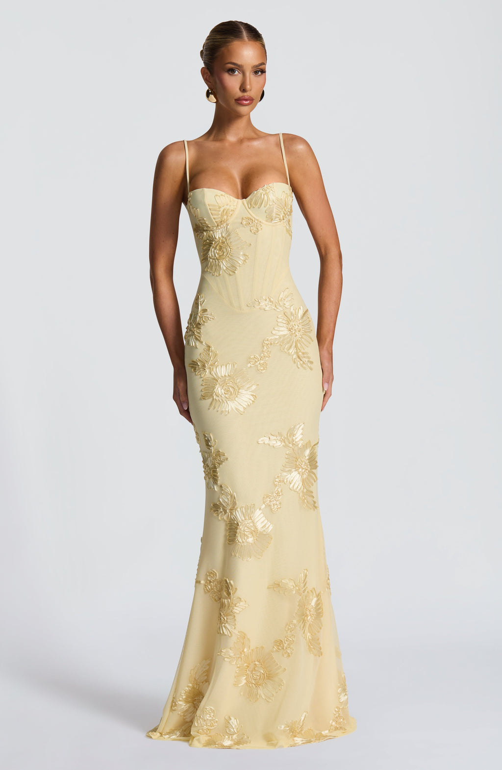 Women's Yellow Floral Corset Spaghetti Strap Maxi Wedding Guest Dress