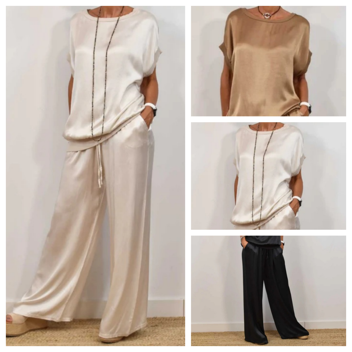 Women's Short Sleeve Crew Neck Top and Wide Leg Pants Two-Piece Set