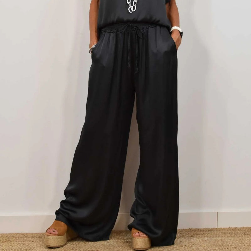 Women's Short Sleeve Crew Neck Top and Wide Leg Pants Two-Piece Set