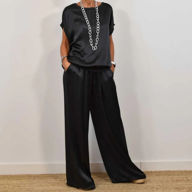 Women's Short Sleeve Crew Neck Top and Wide Leg Pants Two-Piece Set