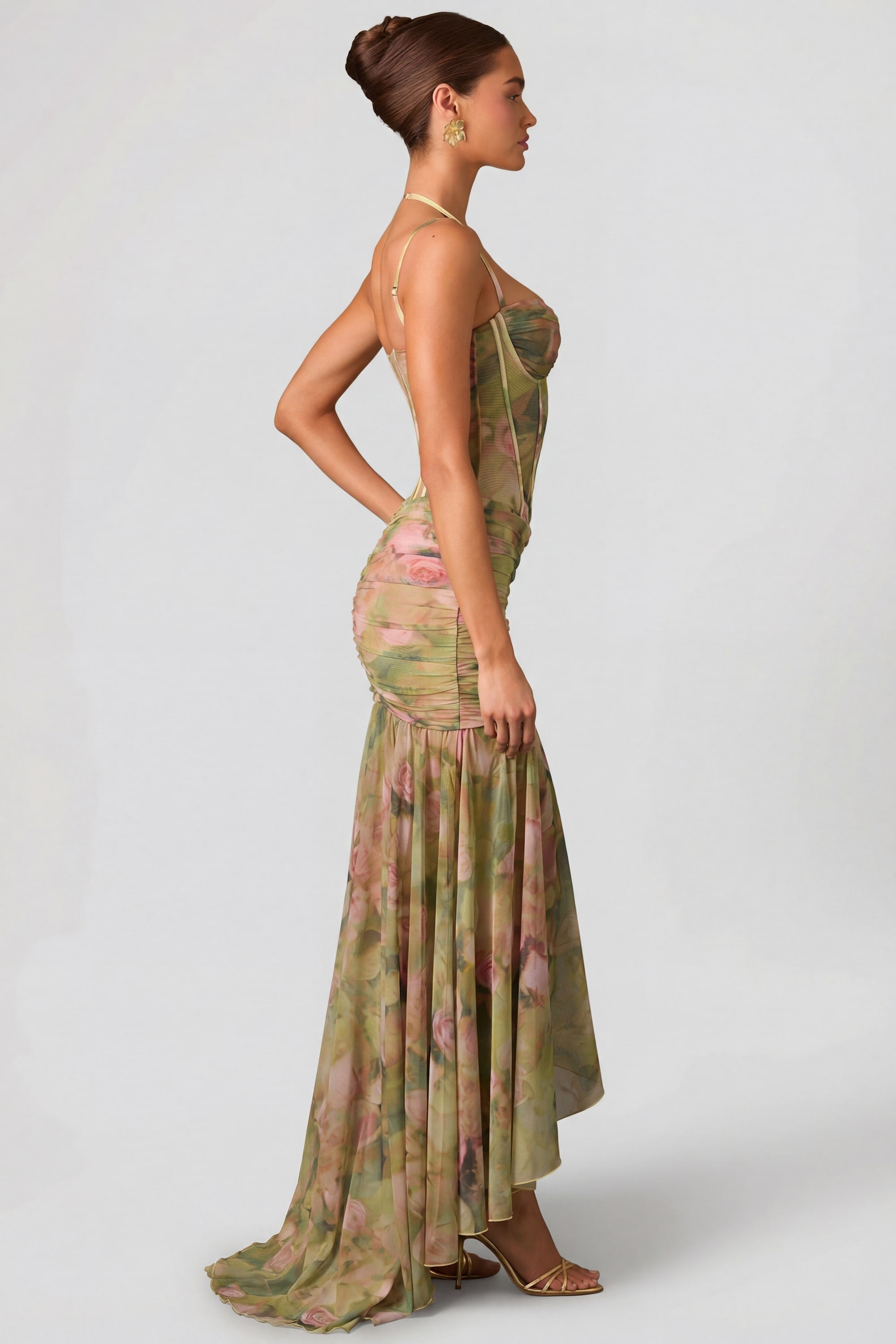 Women's floral halter corset maxi dress - side view