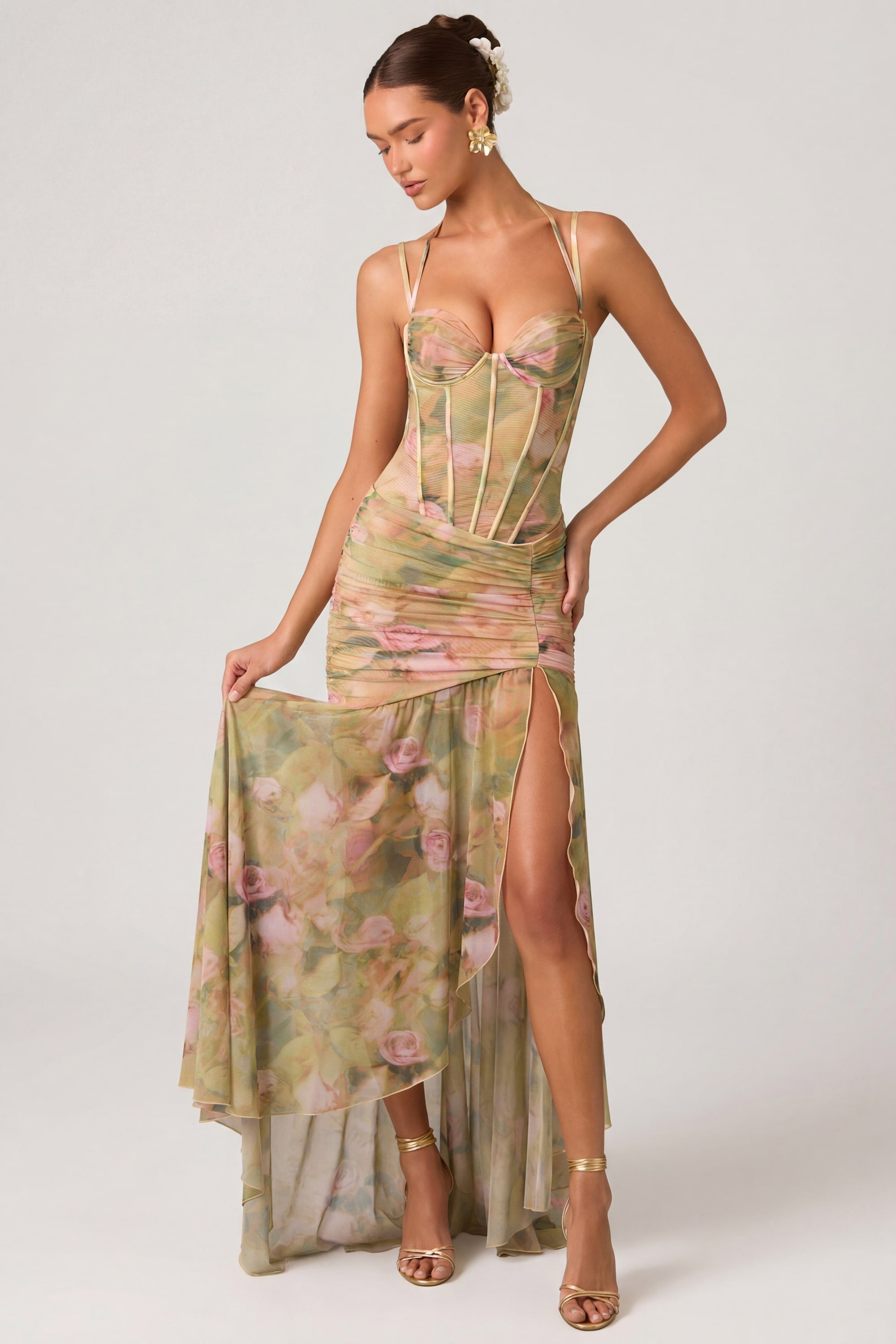 Women's floral halter corset maxi dress - elegant pose
