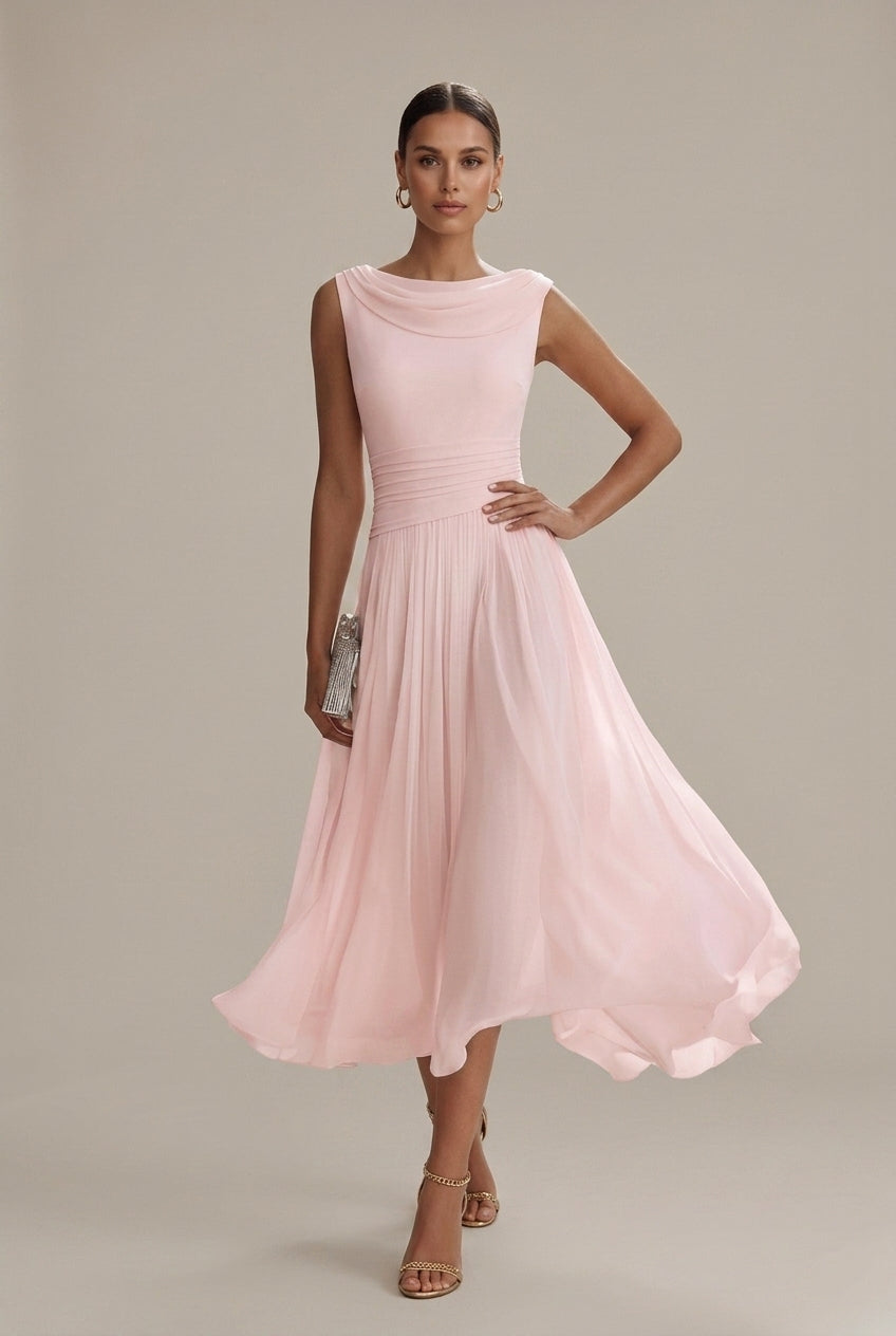 Women's White Sleeveless Pleated Midi Dress | Draped Neckline Casual Elegant Everyday Dress