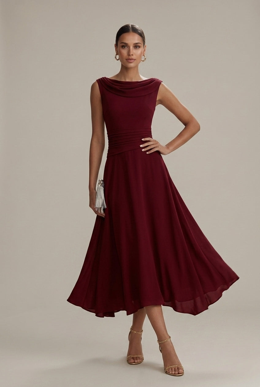 Women's White Sleeveless Pleated Midi Dress | Draped Neckline Casual Elegant Everyday Dress