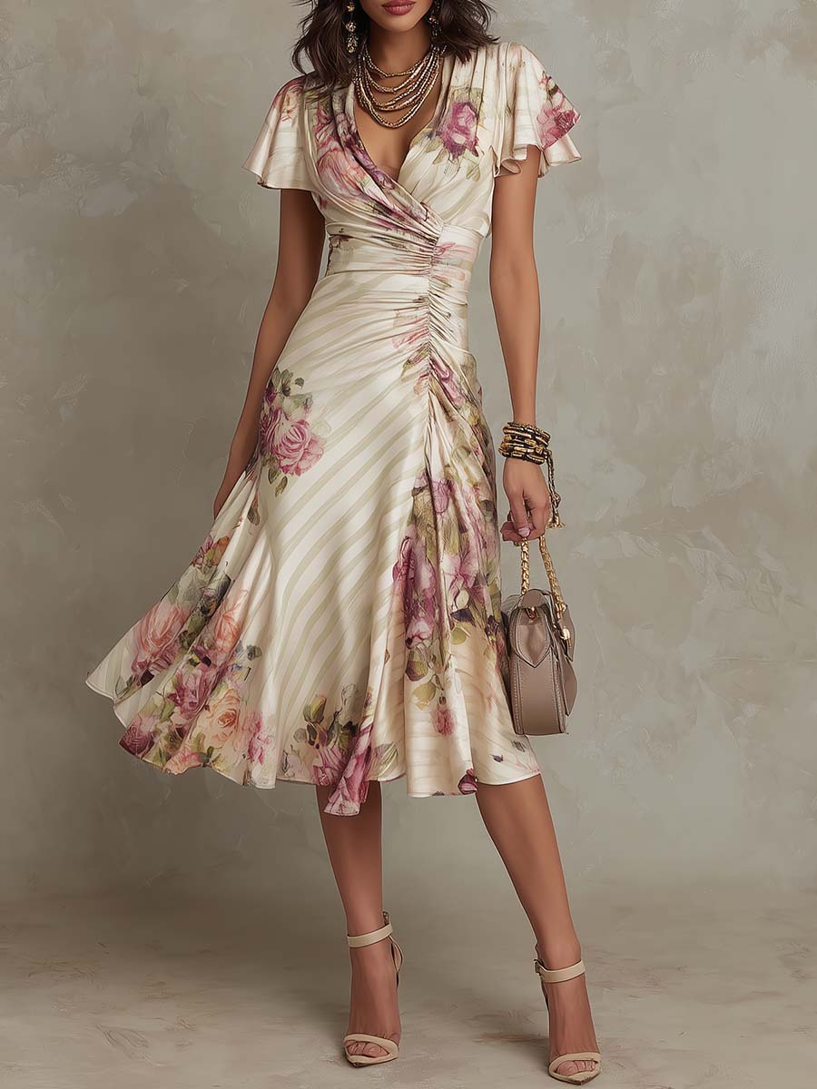 Women's Vintage Satin Midi Dress | Wrap V-Neck Ruched