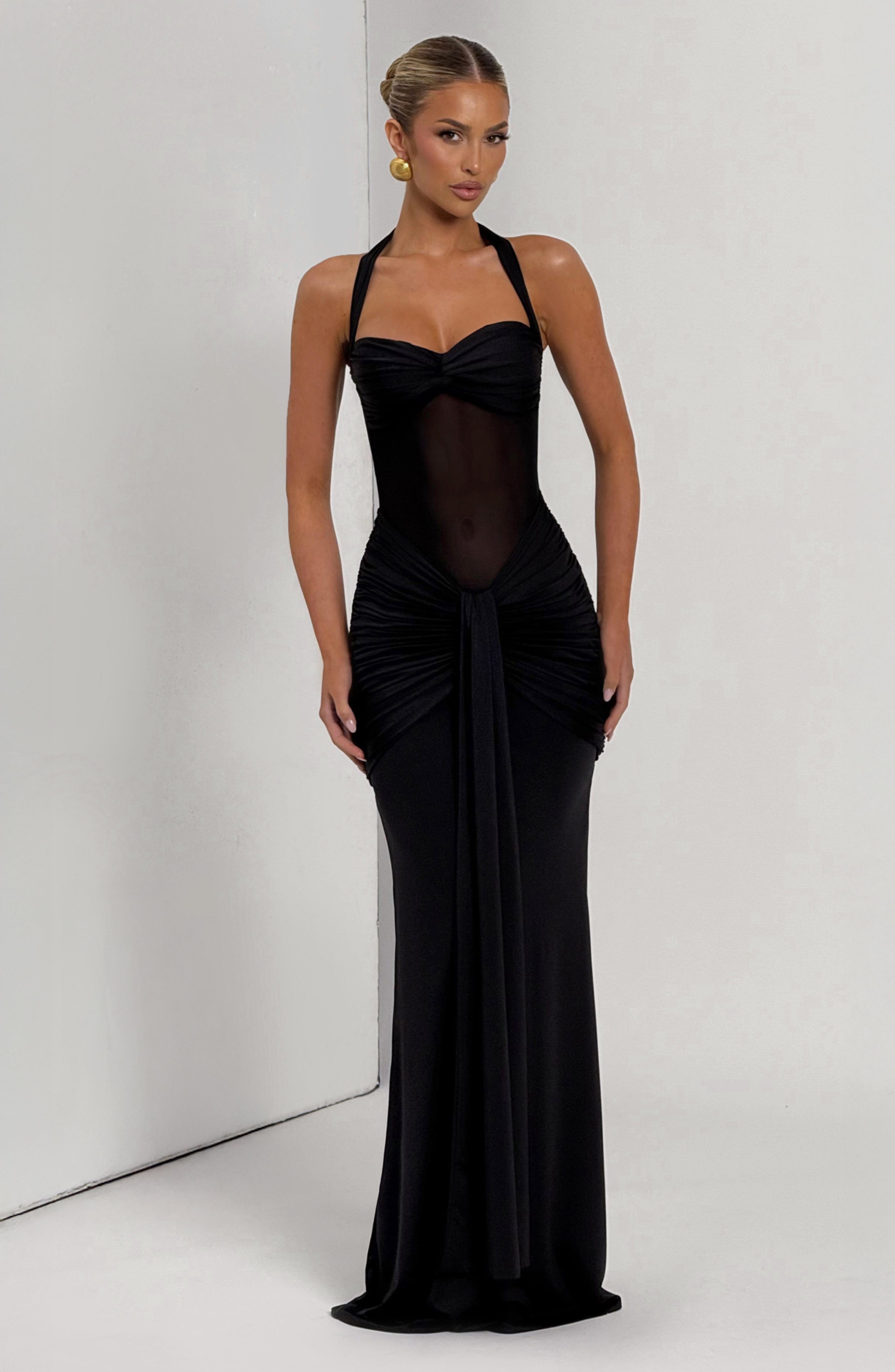 Women's Red Halter Neck Sweetheart Ruched Fitted Maxi Evening Dress Wedding Guest